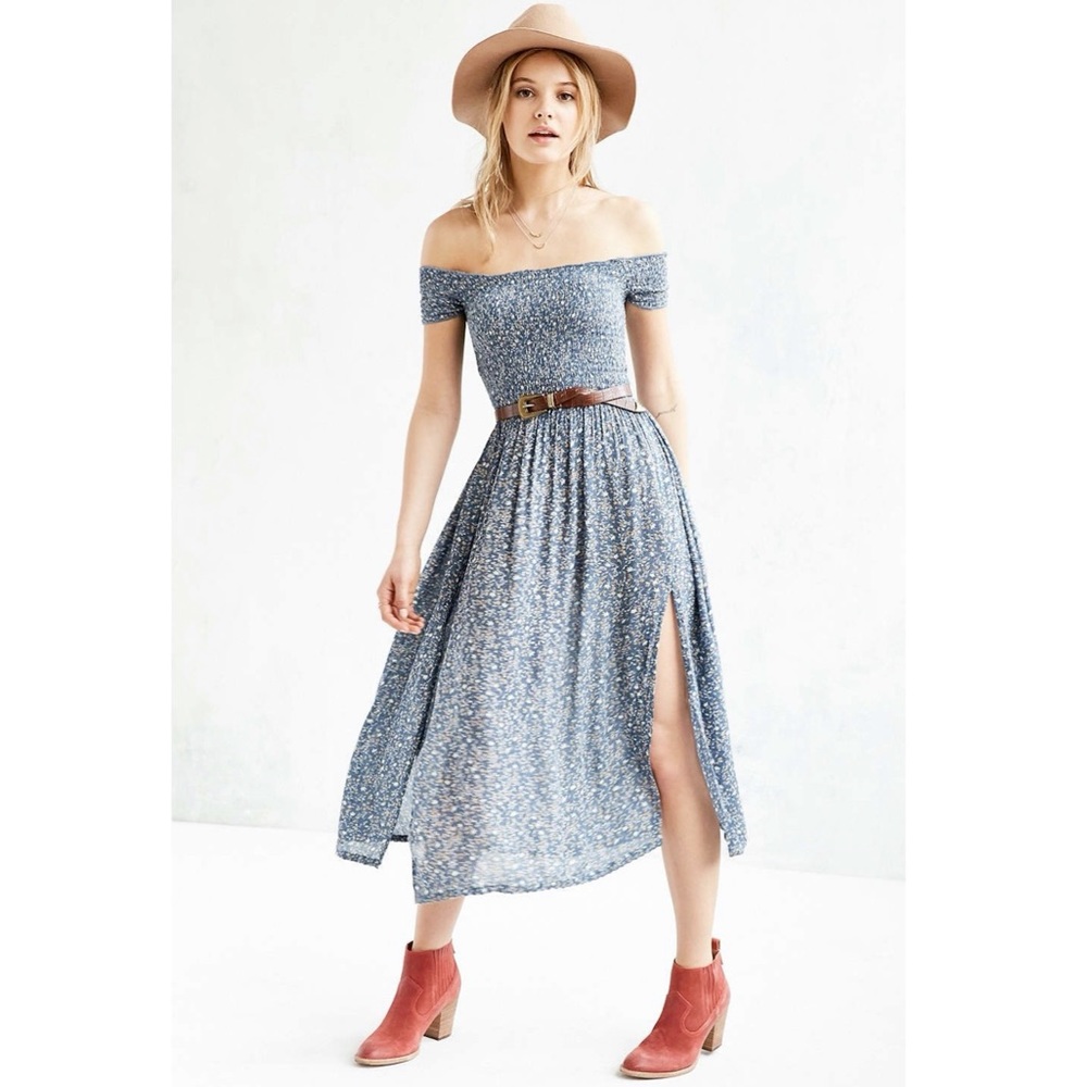 Urban Outfitters Blue Floral Off-Shoulder Midi Dress